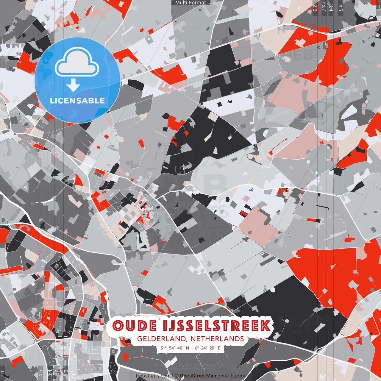 Oude IJsselstreek, Gelderland, Netherlands - modern street map poster template with gray and red tones