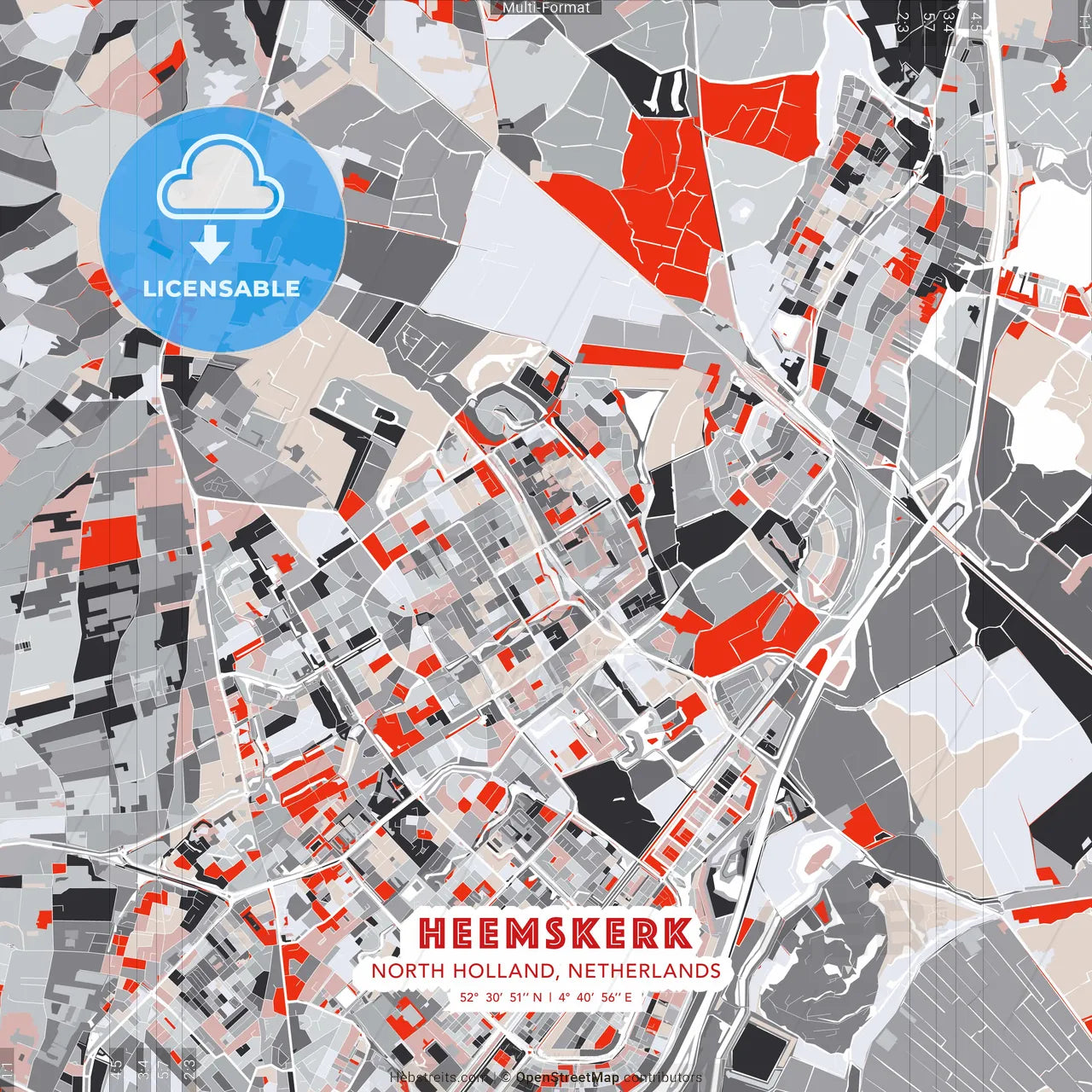 Heemskerk, North Holland, Netherlands - modern street map poster template with gray and red tones