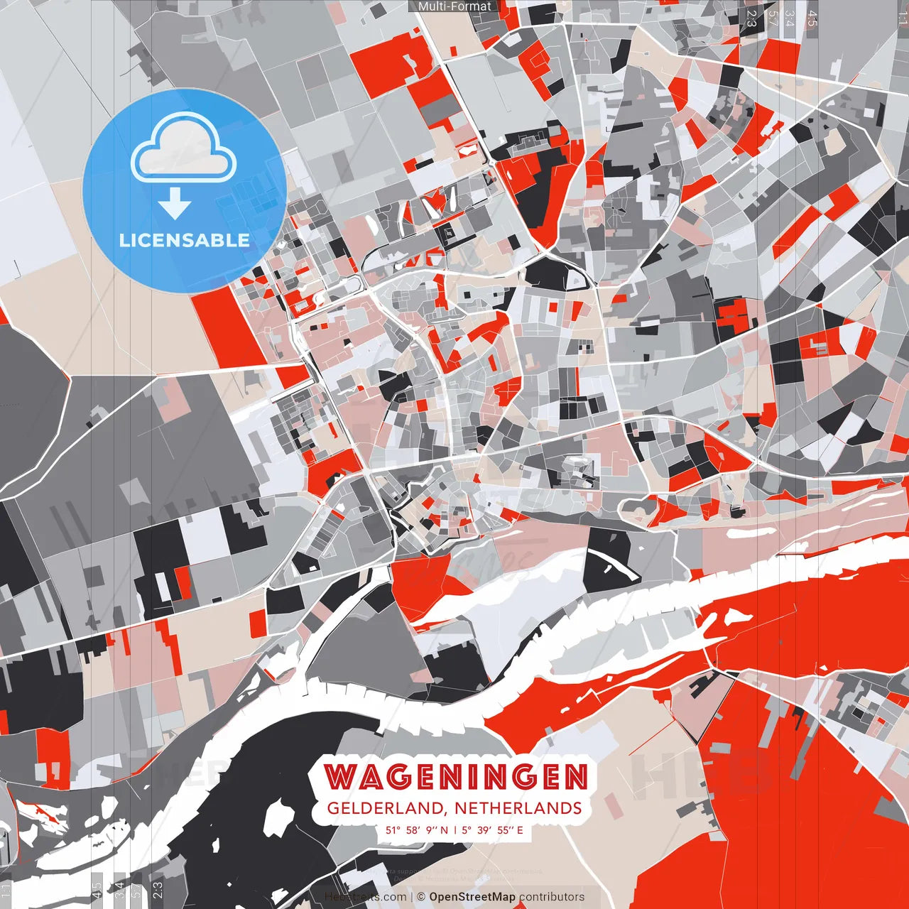 Wageningen, Gelderland, Netherlands - modern street map poster template with gray and red tones
