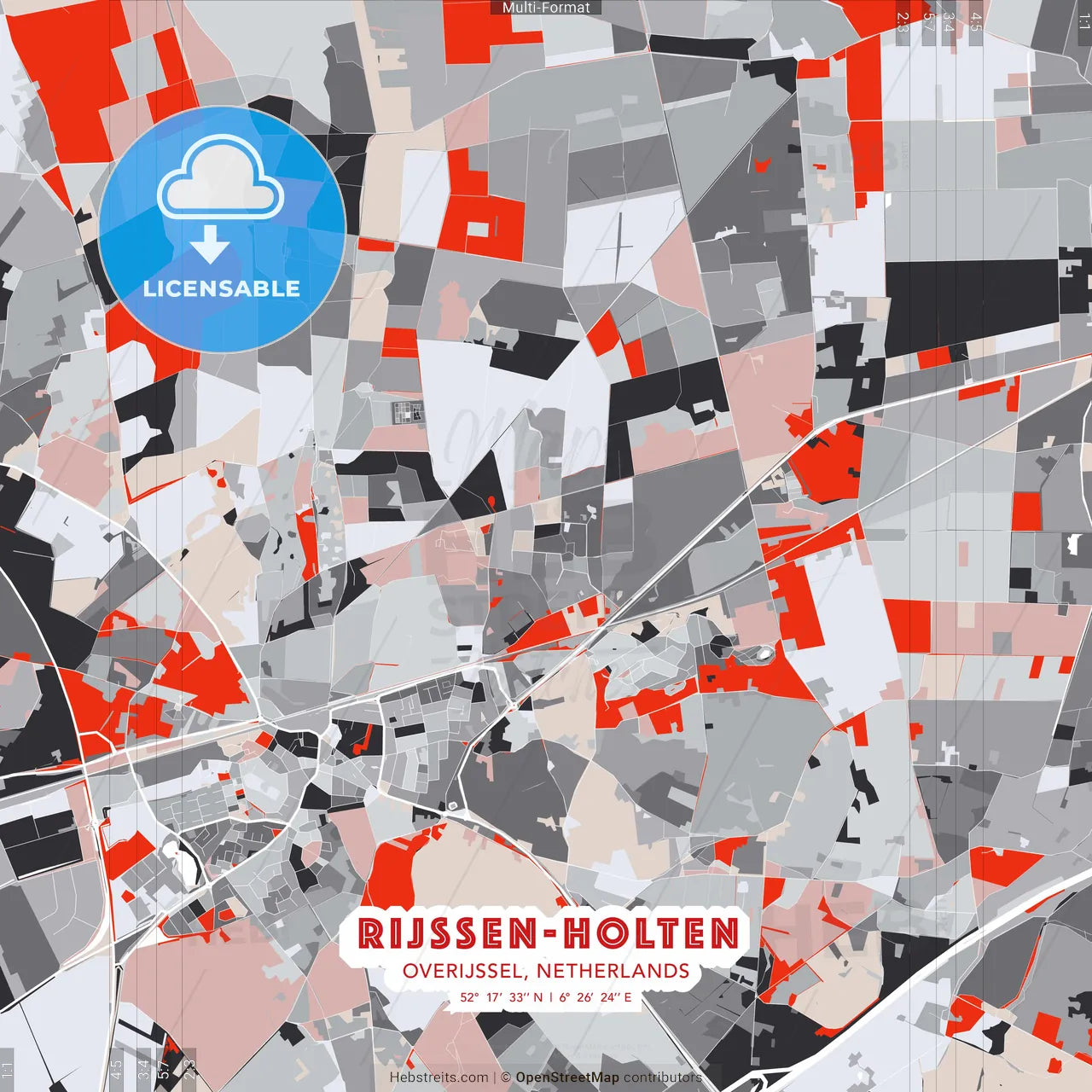 Rijssen-Holten, Overijssel, Netherlands - modern street map poster template with gray and red tones