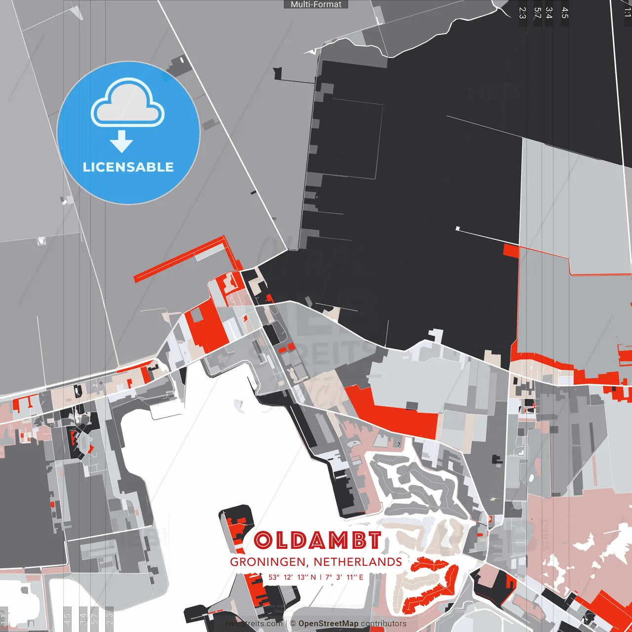 Oldambt, Groningen, Netherlands - modern street map poster template with gray and red tones