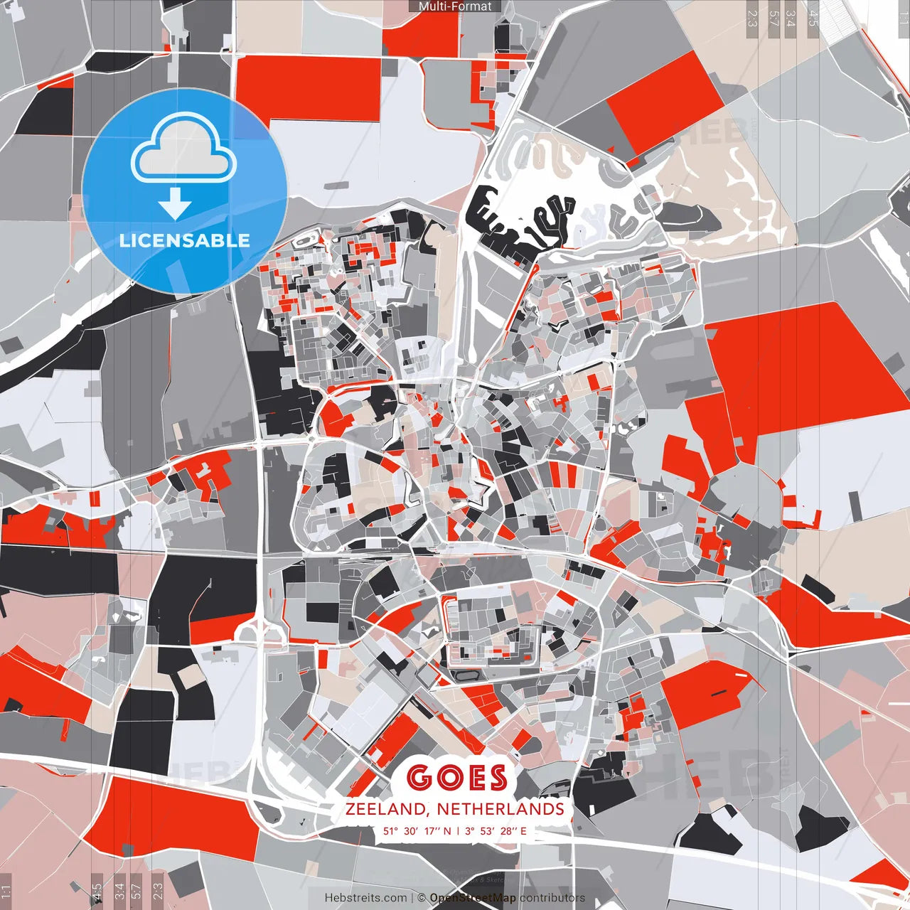 Goes, Zeeland, Netherlands - modern street map poster template with gray and red tones