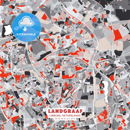 Landgraaf, Limburg, Netherlands - modern street map poster template with gray and red tones