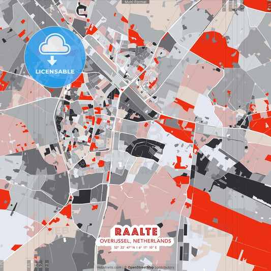 Raalte, Overijssel, Netherlands - modern street map poster template with gray and red tones