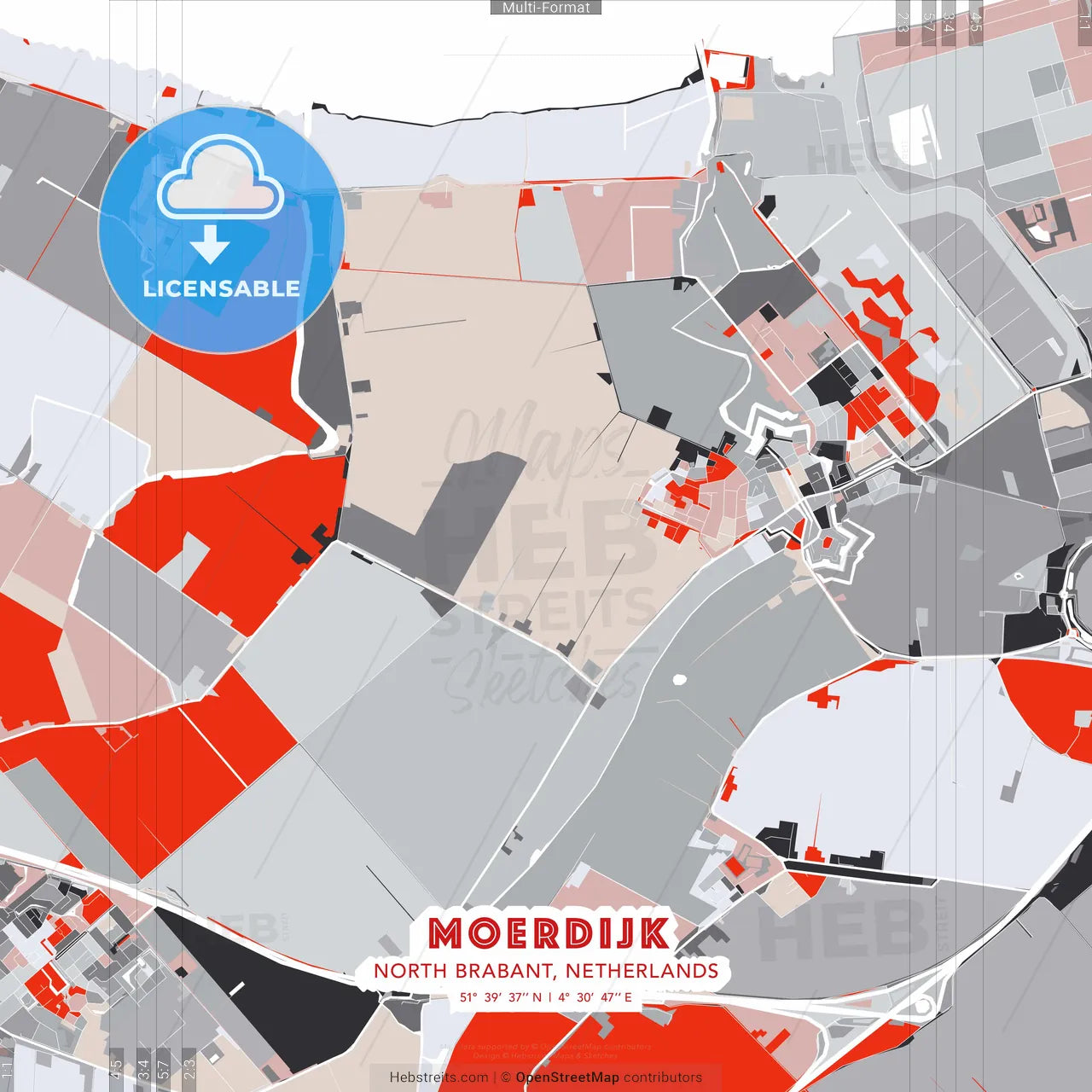 Moerdijk, North Brabant, Netherlands - modern street map poster template with gray and red tones