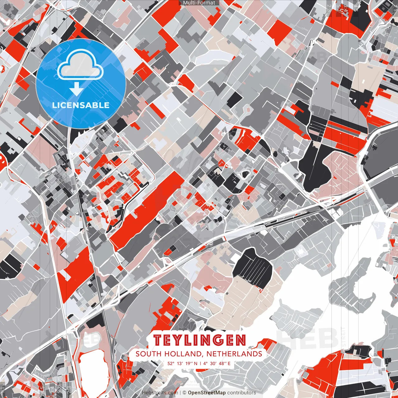 Teylingen, South Holland, Netherlands - modern street map poster template with gray and red tones