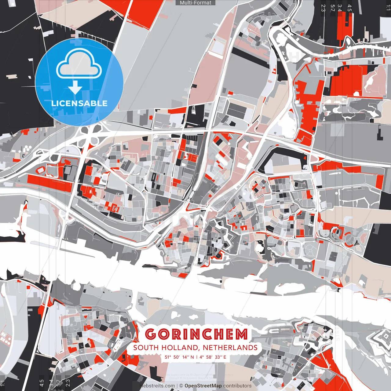 Gorinchem, South Holland, Netherlands - modern street map poster template with gray and red tones