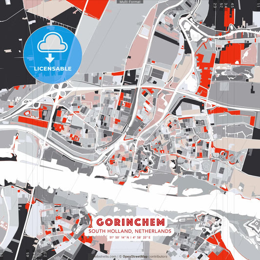 Gorinchem, South Holland, Netherlands - modern street map poster template with gray and red tones