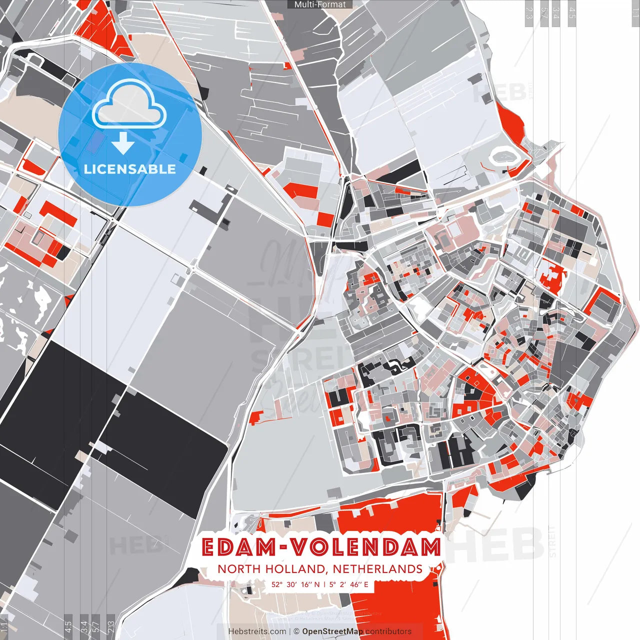 Edam-Volendam, North Holland, Netherlands - modern street map poster template with gray and red tones