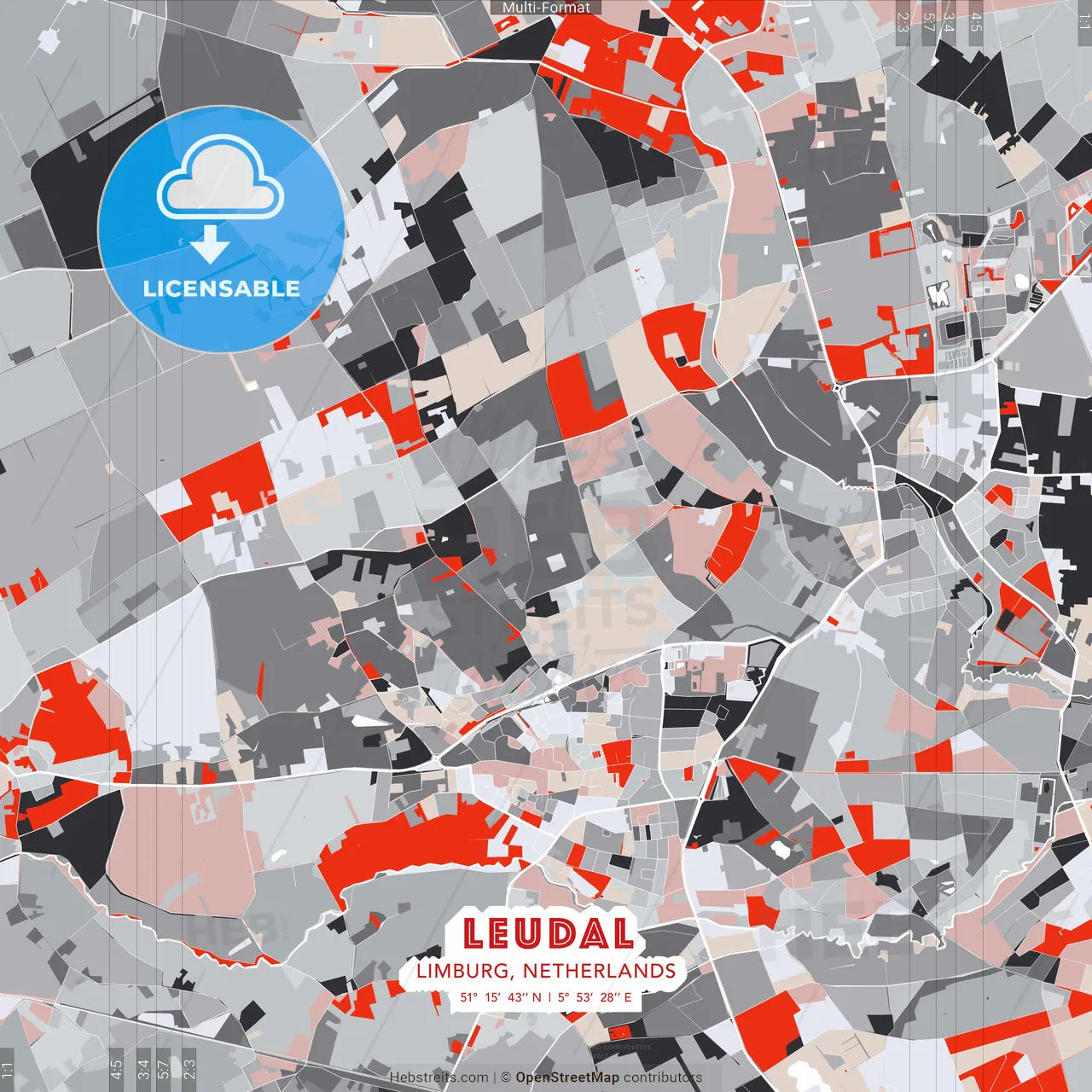 Leudal, Limburg, Netherlands - modern street map poster template with gray and red tones