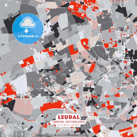 Leudal, Limburg, Netherlands - modern street map poster template with gray and red tones