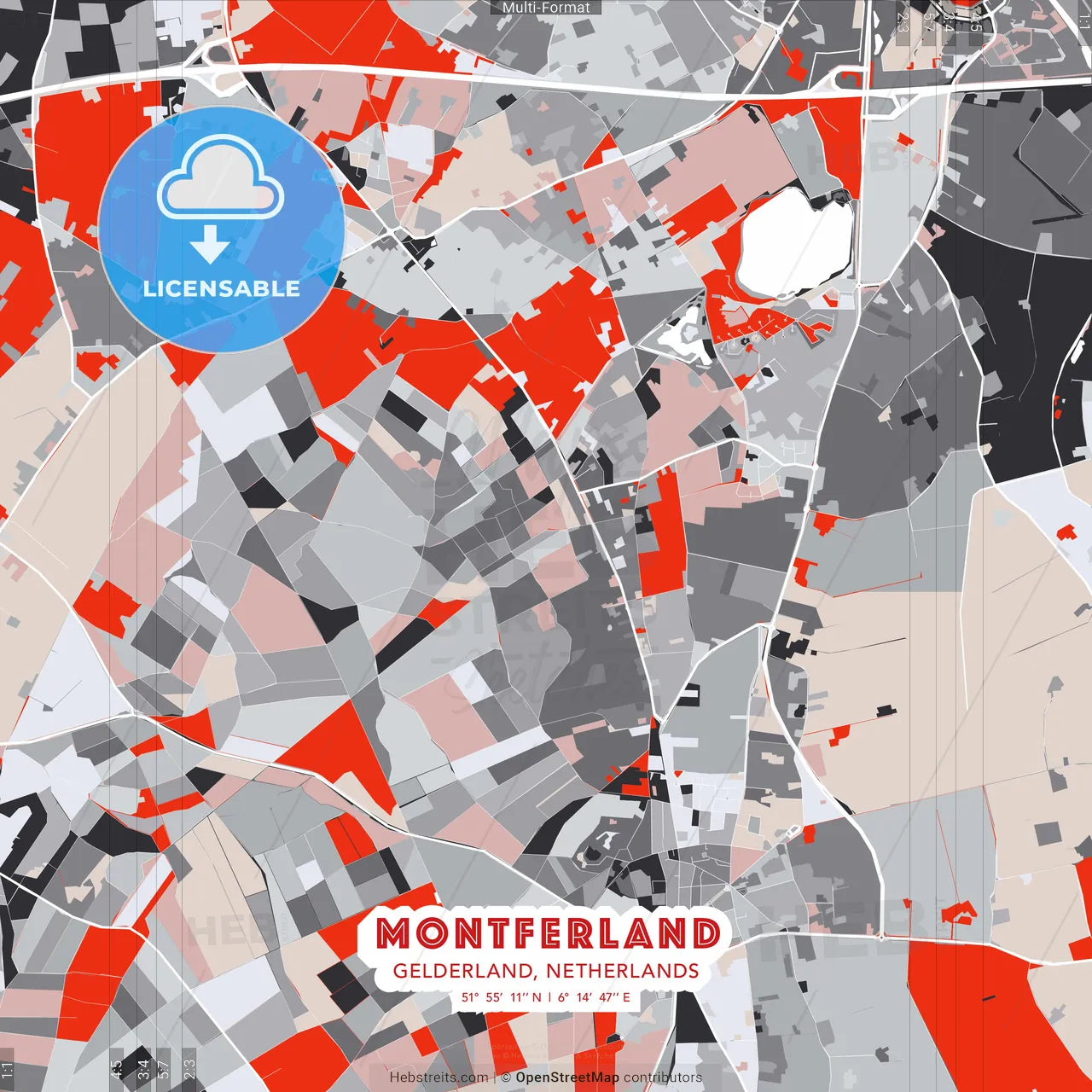 Montferland, Gelderland, Netherlands - modern street map poster template with gray and red tones