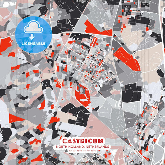 Castricum, North Holland, Netherlands - modern street map poster template with gray and red tones
