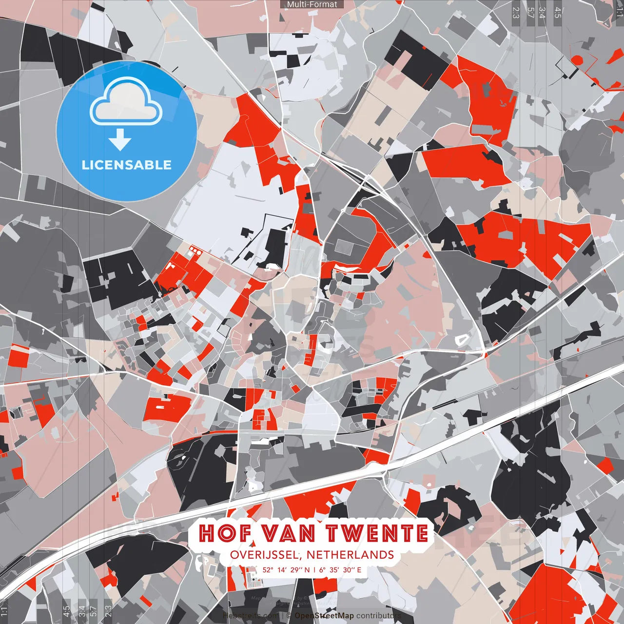 Hof van Twente, Overijssel, Netherlands - modern street map poster template with gray and red tones