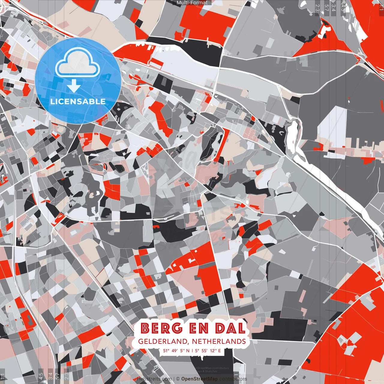 Berg en Dal, Gelderland, Netherlands - modern street map poster template with gray and red tones