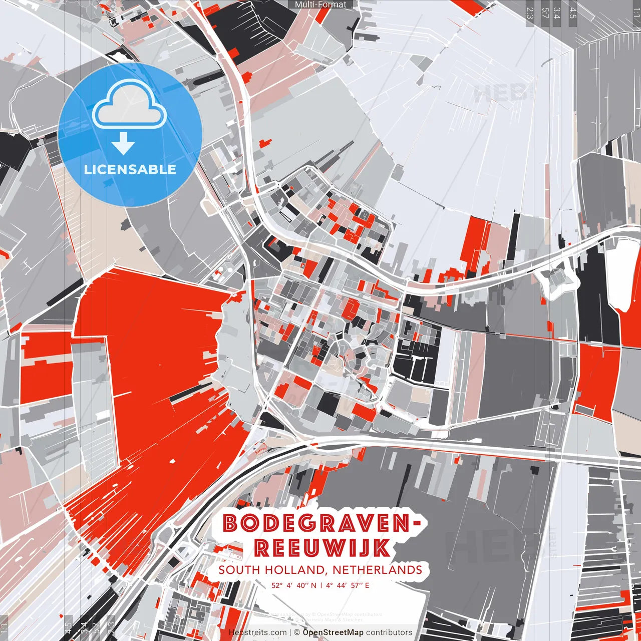Bodegraven-Reeuwijk, South Holland, Netherlands - modern street map poster template with gray and red tones