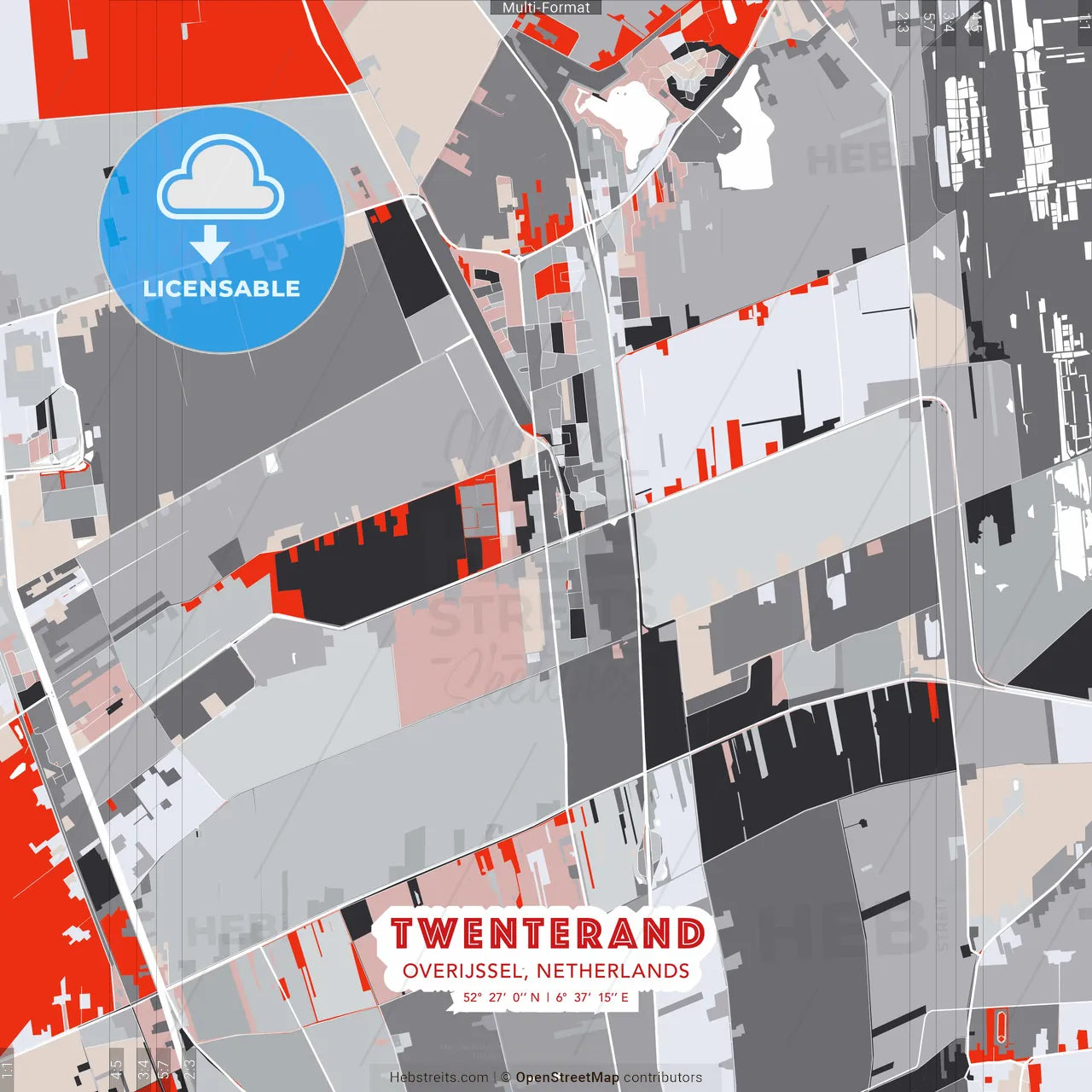 Twenterand, Overijssel, Netherlands - modern street map poster template with gray and red tones