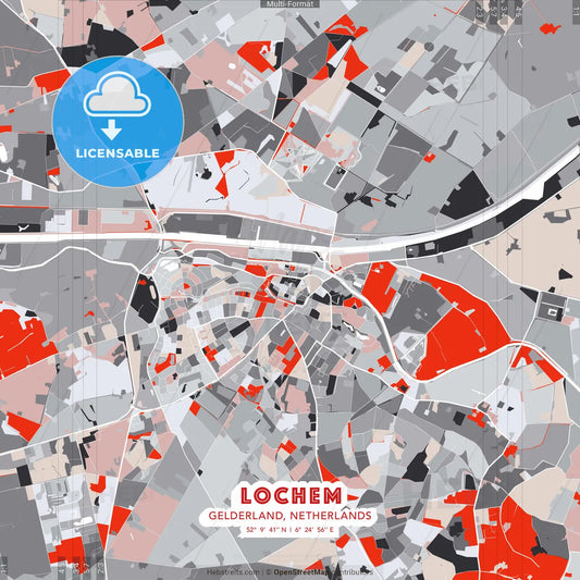 Lochem, Gelderland, Netherlands - modern street map poster template with gray and red tones