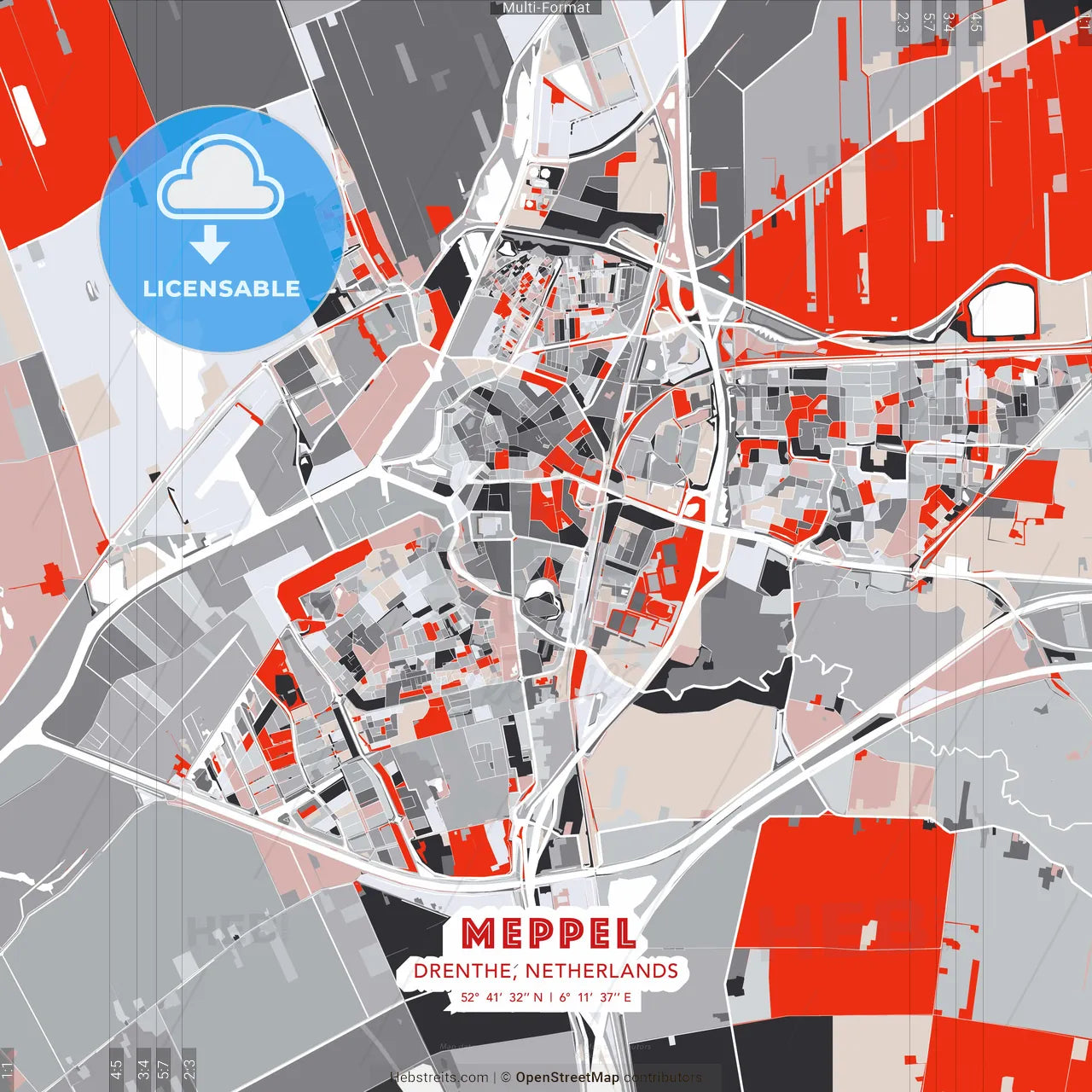 Meppel, Drenthe, Netherlands - modern street map poster template with gray and red tones