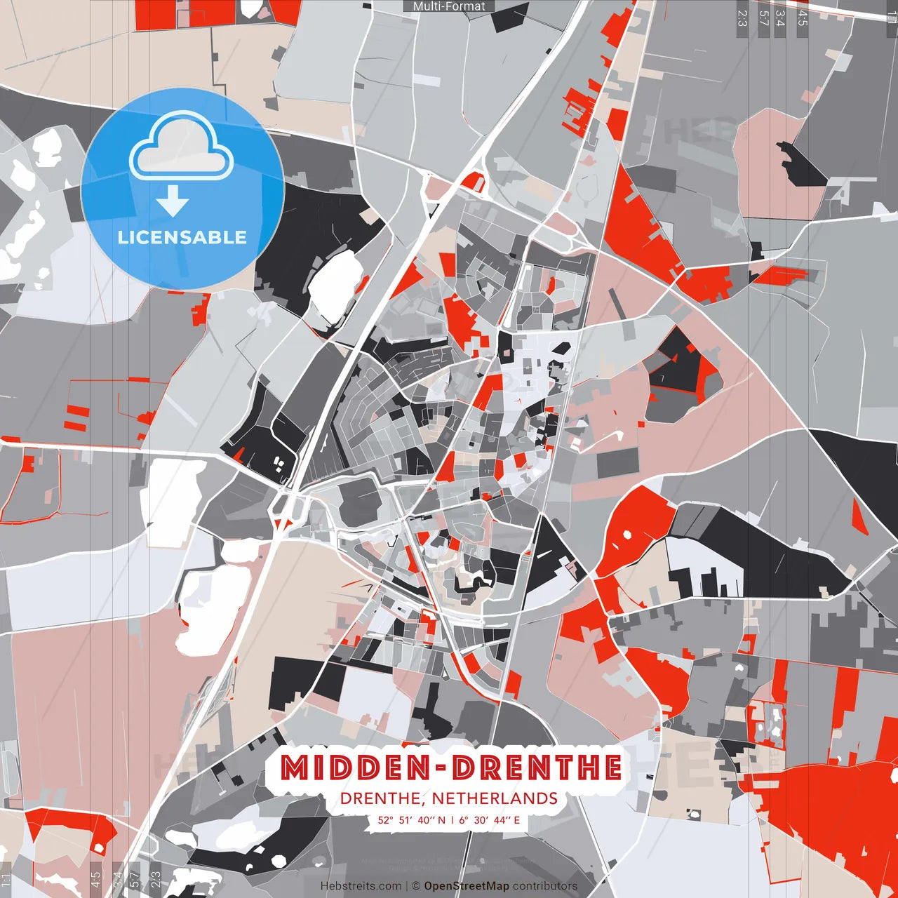 Midden-Drenthe, Drenthe, Netherlands - modern street map poster template with gray and red tones