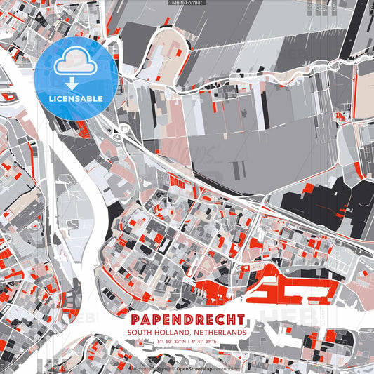 Papendrecht, South Holland, Netherlands - modern street map poster template with gray and red tones