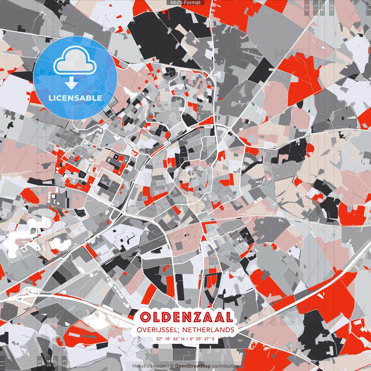 Oldenzaal, Overijssel, Netherlands - modern street map poster template with gray and red tones