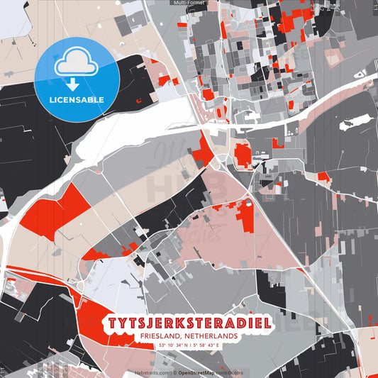 Tytsjerksteradiel, Friesland, Netherlands - modern street map poster template with gray and red tones