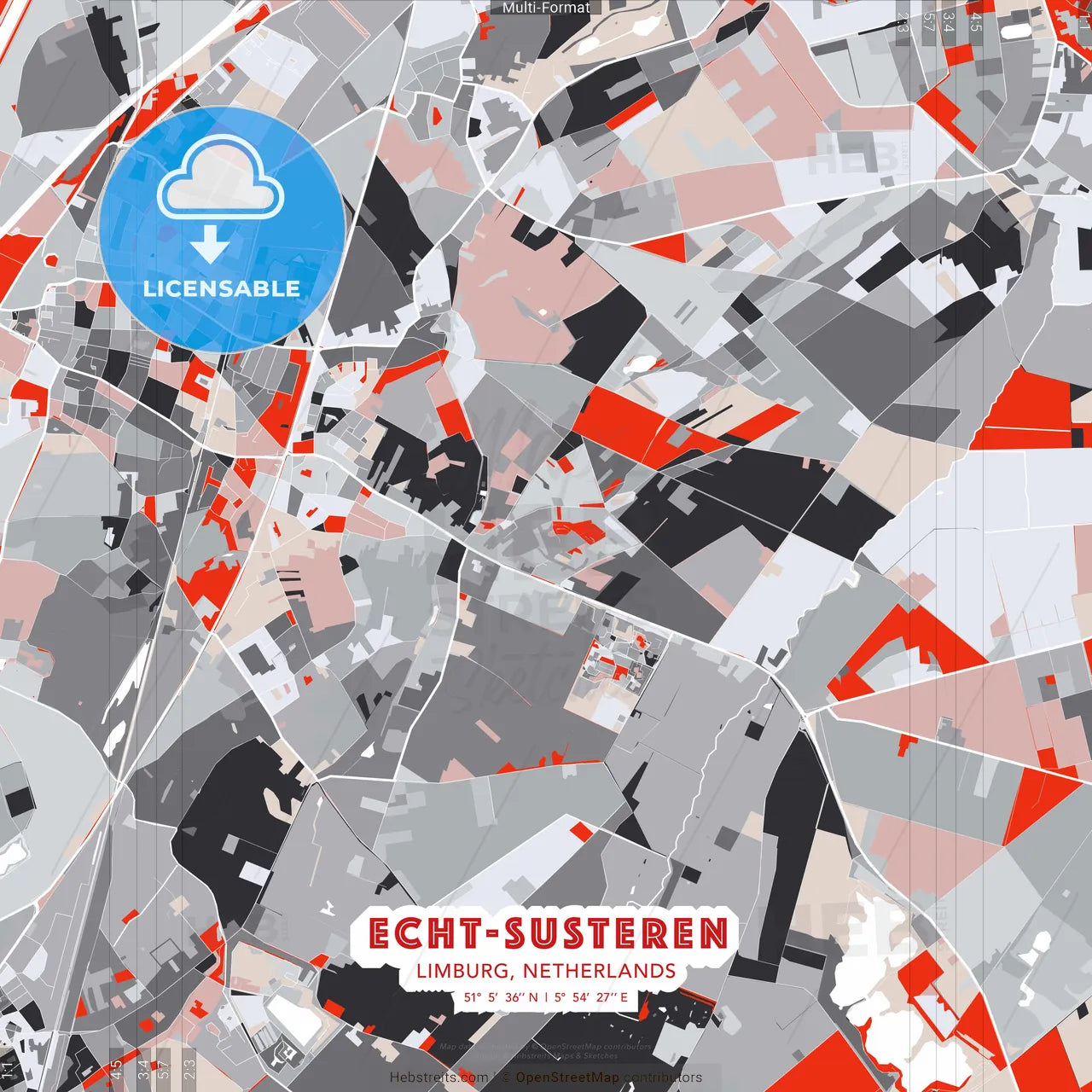 Echt-Susteren, Limburg, Netherlands - modern street map poster template with gray and red tones