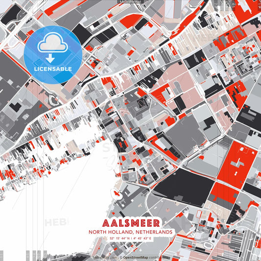 Aalsmeer, North Holland, Netherlands - modern street map poster template with gray and red tones