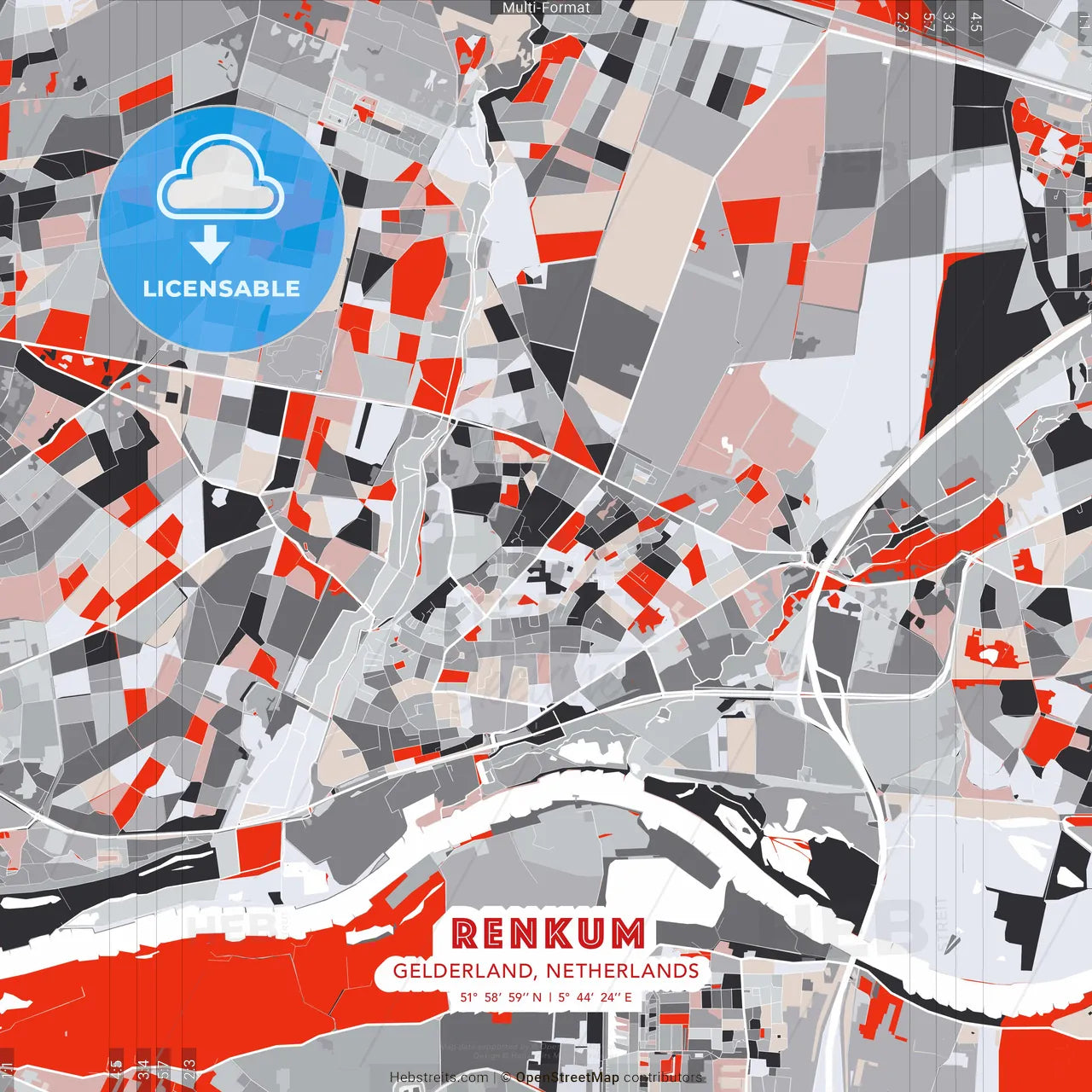 Renkum, Gelderland, Netherlands - modern street map poster template with gray and red tones