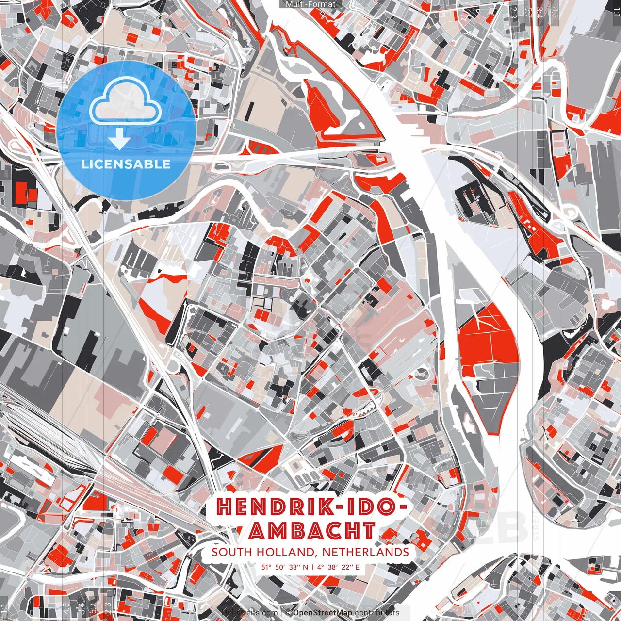Hendrik-Ido-Ambacht, South Holland, Netherlands - modern street map poster template with gray and red tones