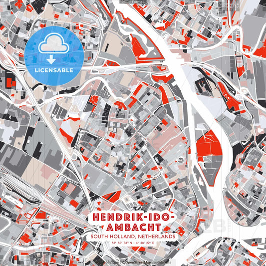 Hendrik-Ido-Ambacht, South Holland, Netherlands - modern street map poster template with gray and red tones