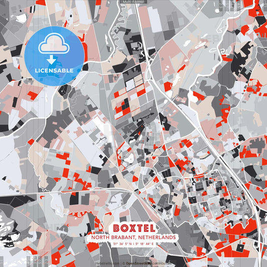 Boxtel, North Brabant, Netherlands - modern street map poster template with gray and red tones