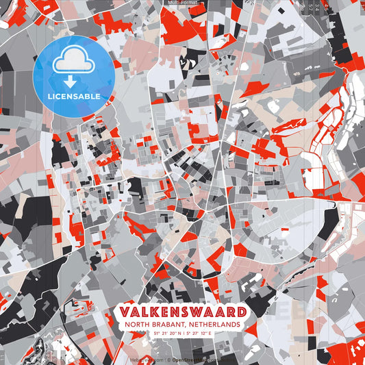 Valkenswaard, North Brabant, Netherlands - modern street map poster template with gray and red tones