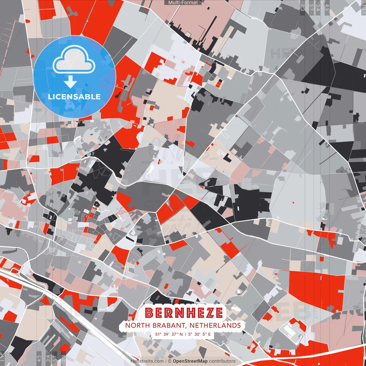 Bernheze, North Brabant, Netherlands - modern street map poster template with gray and red tones