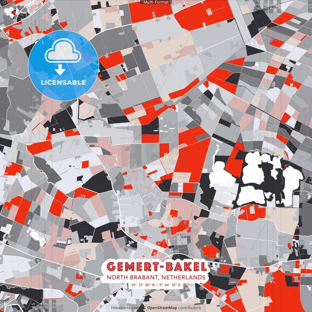 Gemert-Bakel, North Brabant, Netherlands - modern street map poster template with gray and red tones