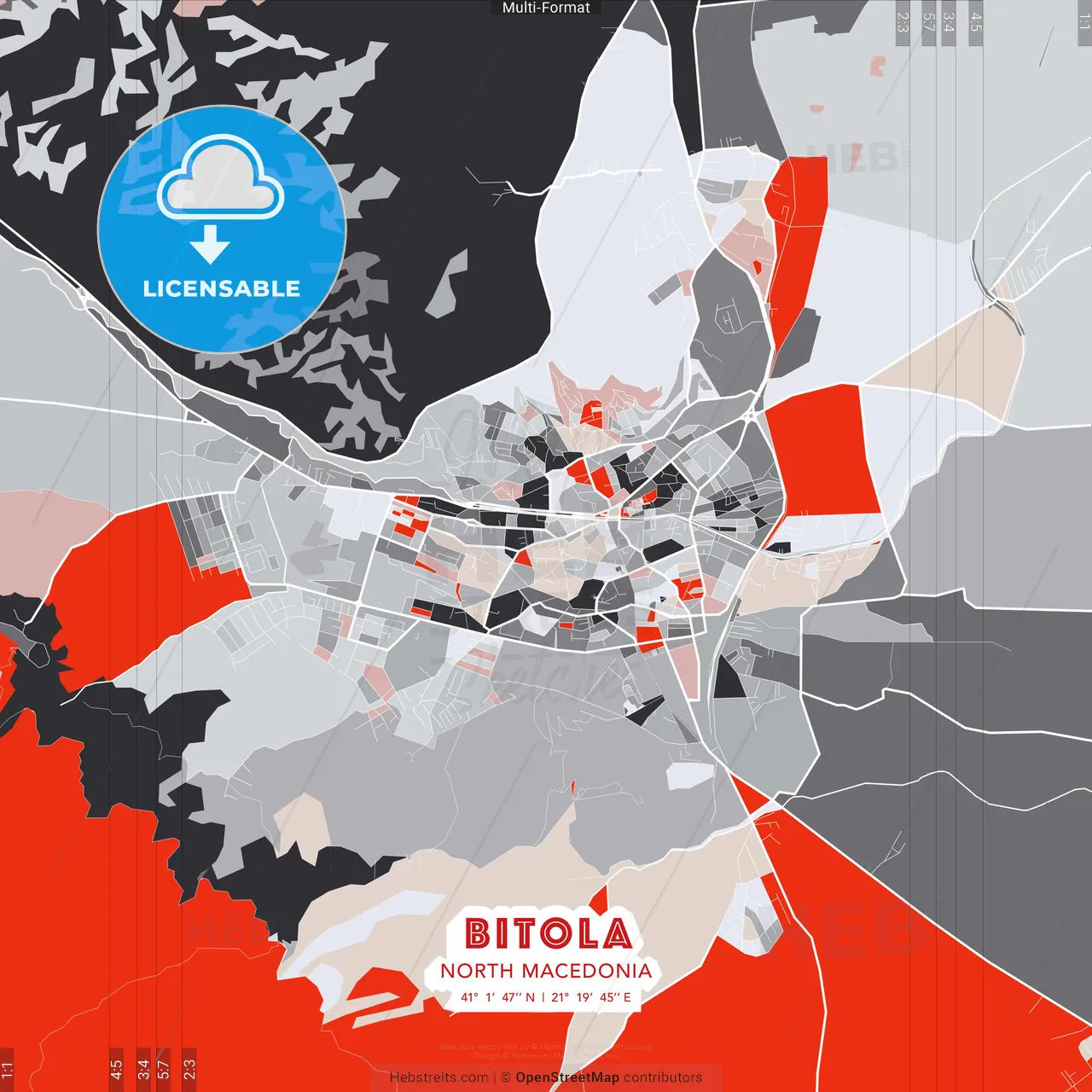 Bitola, North Macedonia - modern street map poster template with gray and red tones