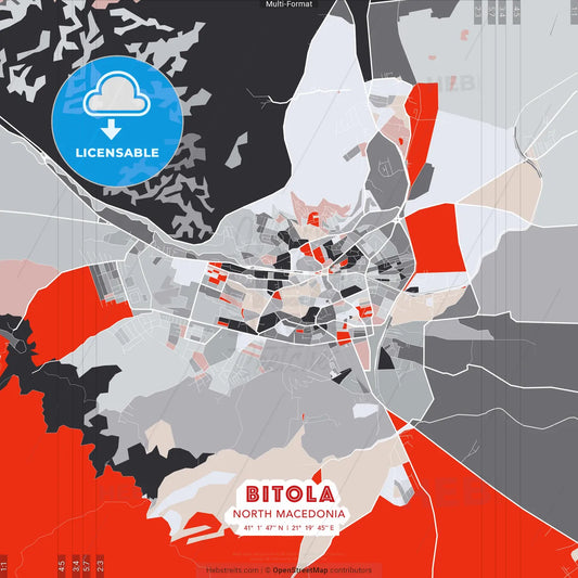 Bitola, North Macedonia - modern street map poster template with gray and red tones