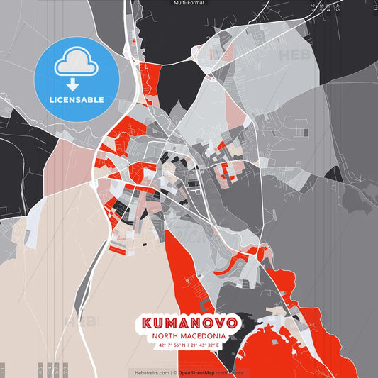 Kumanovo, North Macedonia - modern street map poster template with gray and red tones
