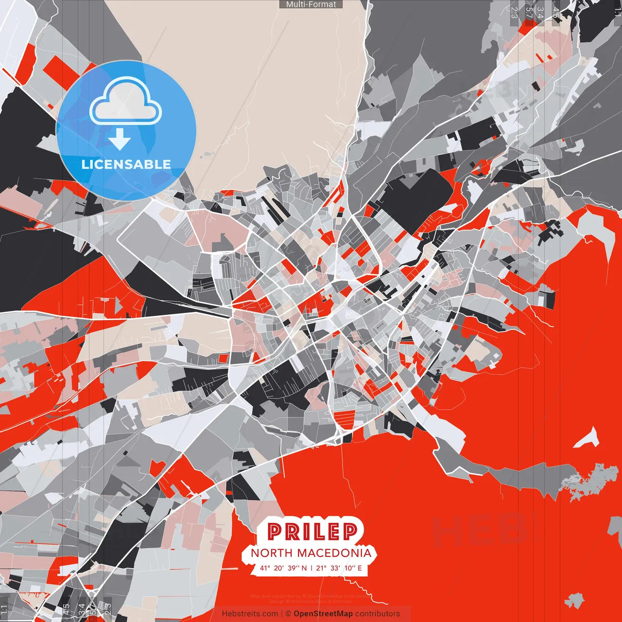 Prilep, North Macedonia - modern street map poster template with gray and red tones