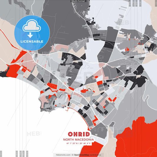 Ohrid, North Macedonia - modern street map poster template with gray and red tones