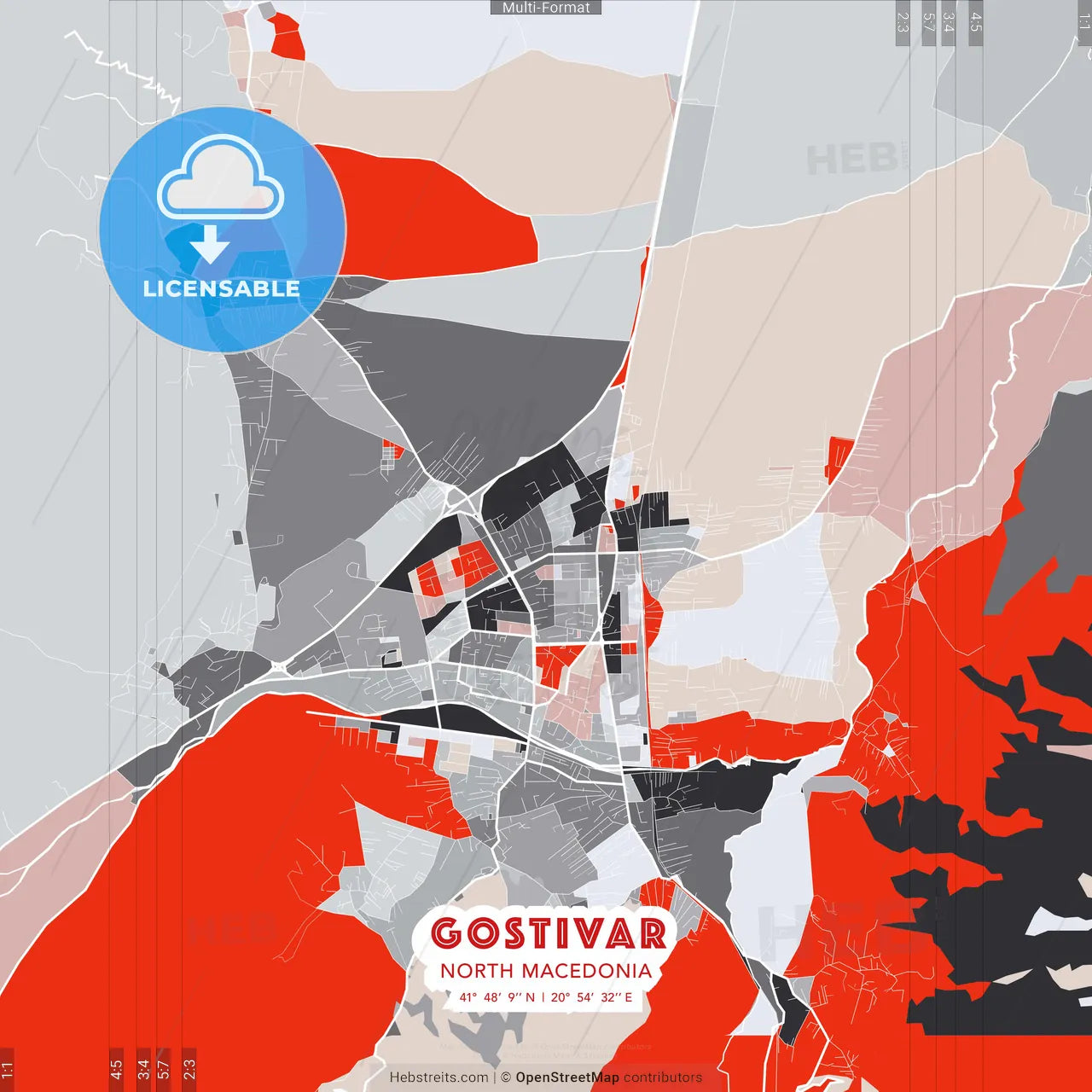 Gostivar, North Macedonia - modern street map poster template with gray and red tones