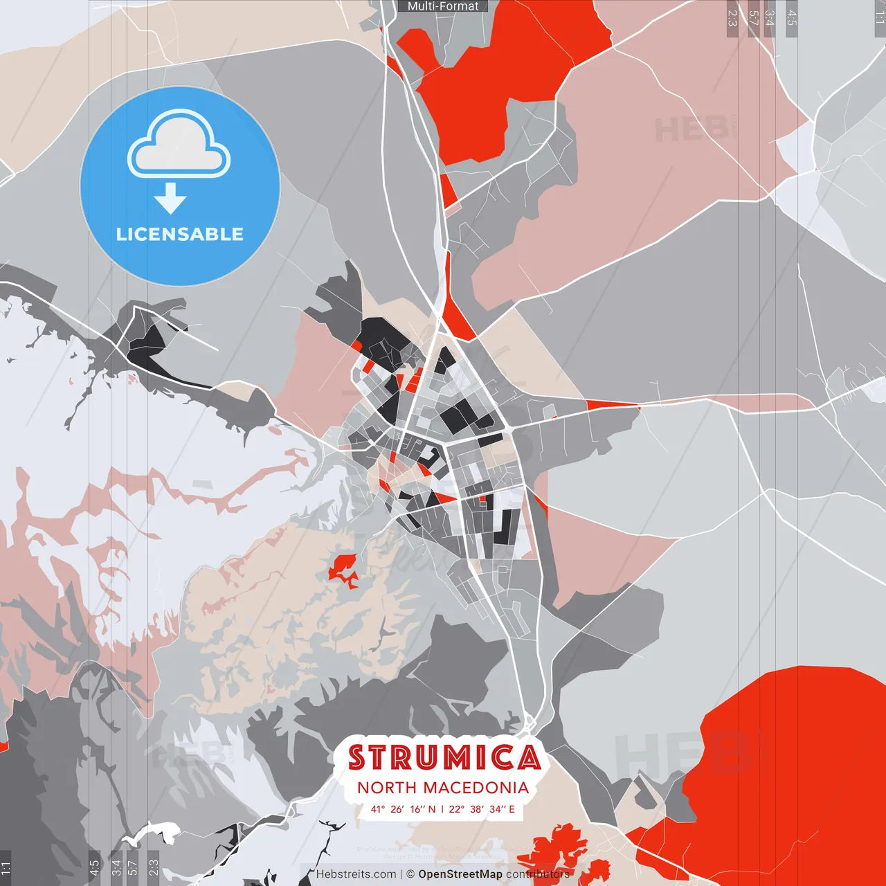 Strumica, North Macedonia - modern street map poster template with gray and red tones