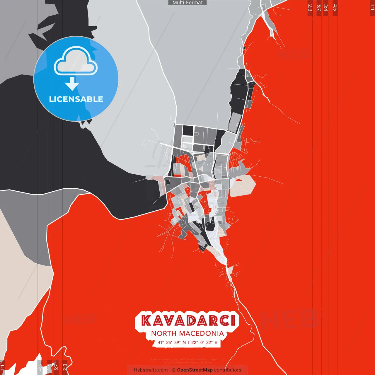 Kavadarci, North Macedonia - modern street map poster template with gray and red tones