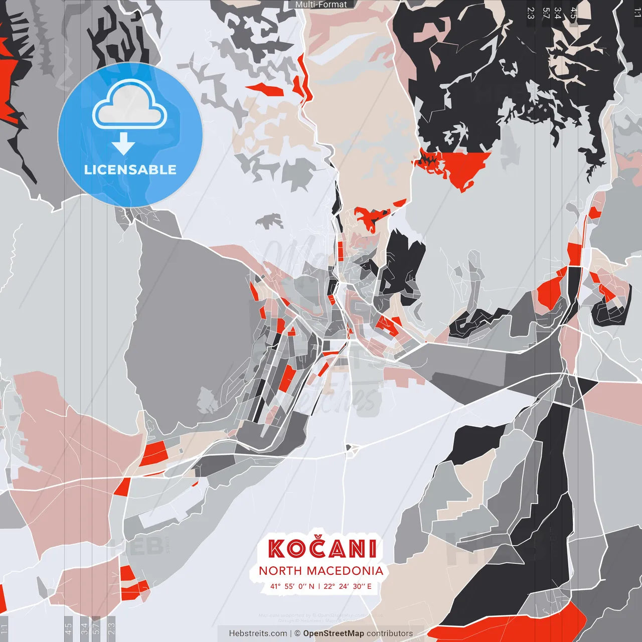 Kočani, North Macedonia - modern street map poster template with gray and red tones