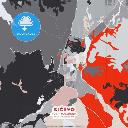 Kičevo, North Macedonia - modern street map poster template with gray and red tones