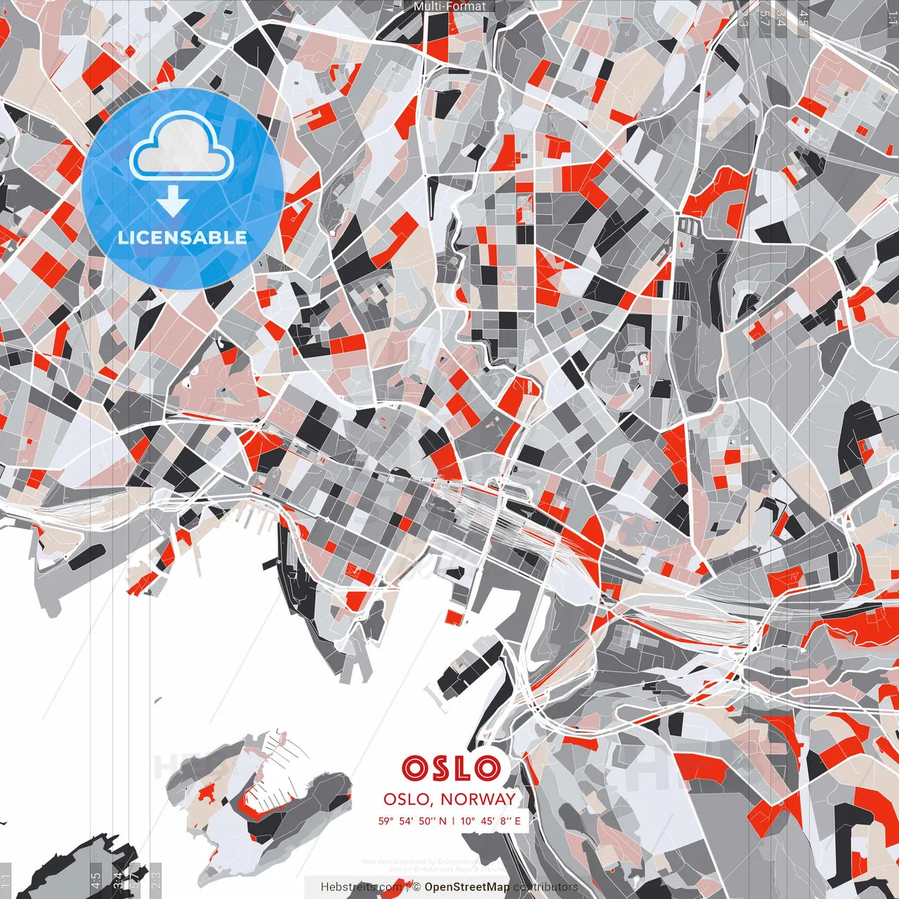 Oslo, Oslo, Norway - modern street map poster template with gray and red tones