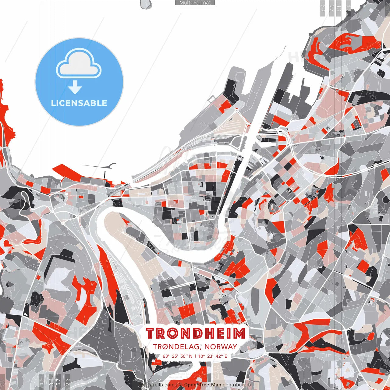 Trondheim, Trøndelag, Norway - modern street map poster template with gray and red tones