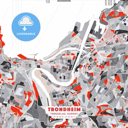 Trondheim, Trøndelag, Norway - modern street map poster template with gray and red tones
