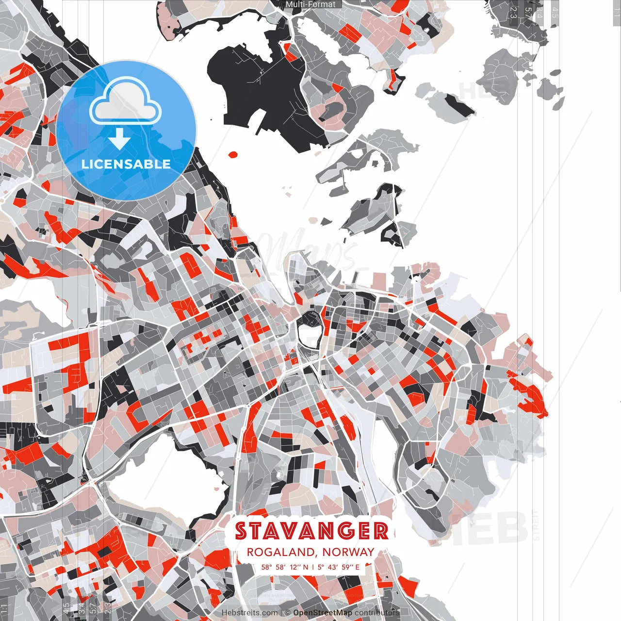 Stavanger, Rogaland, Norway - modern street map poster template with gray and red tones